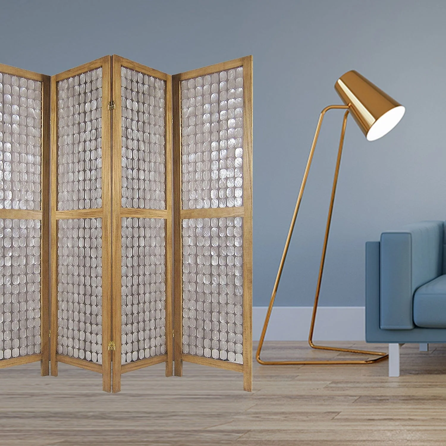 84" Clear Capiz Mother of Pearl Folding Three Panel Screen Room Divider - Image 5