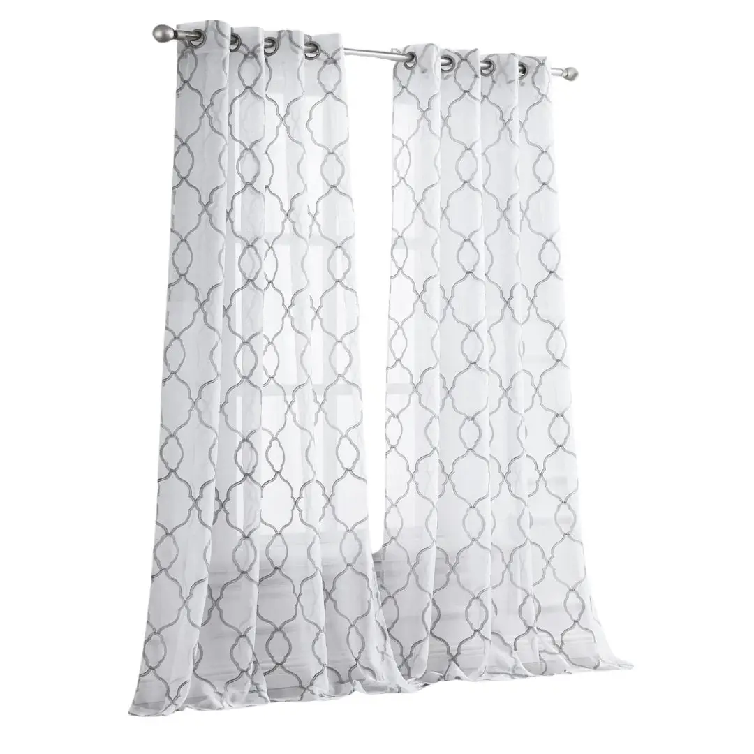 84” Silver Trellis Pattern Embroidered Window Curtain Panel - Image 2