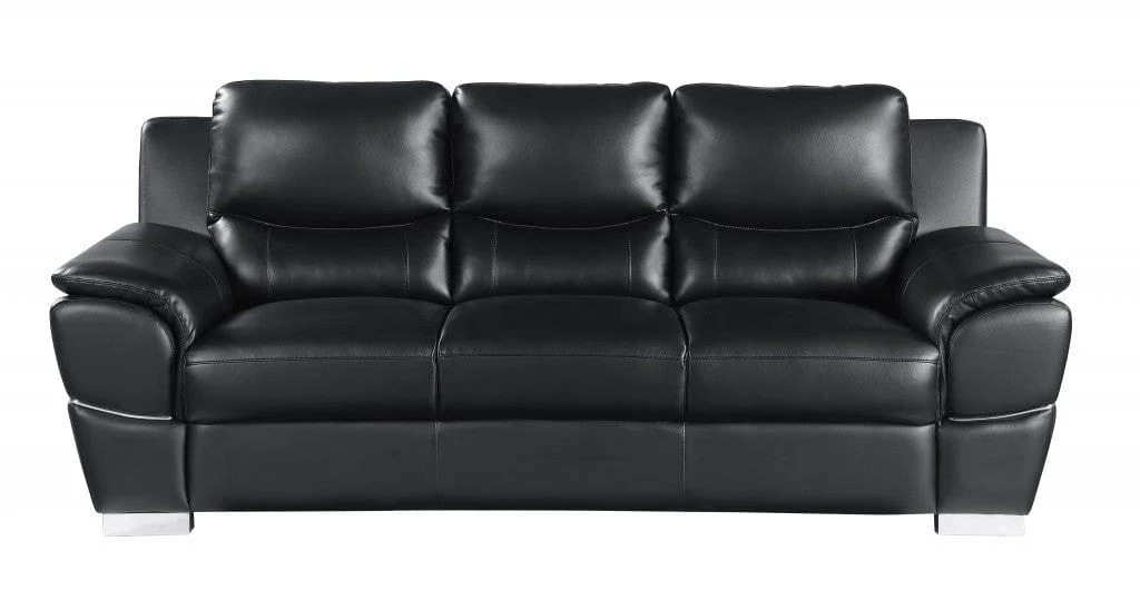 85" Black Leather Sofa With Silver Legs - Image 2
