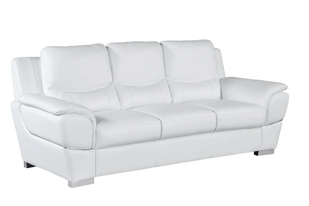 85" White Leather Sofa With Silver Legs - Image 3