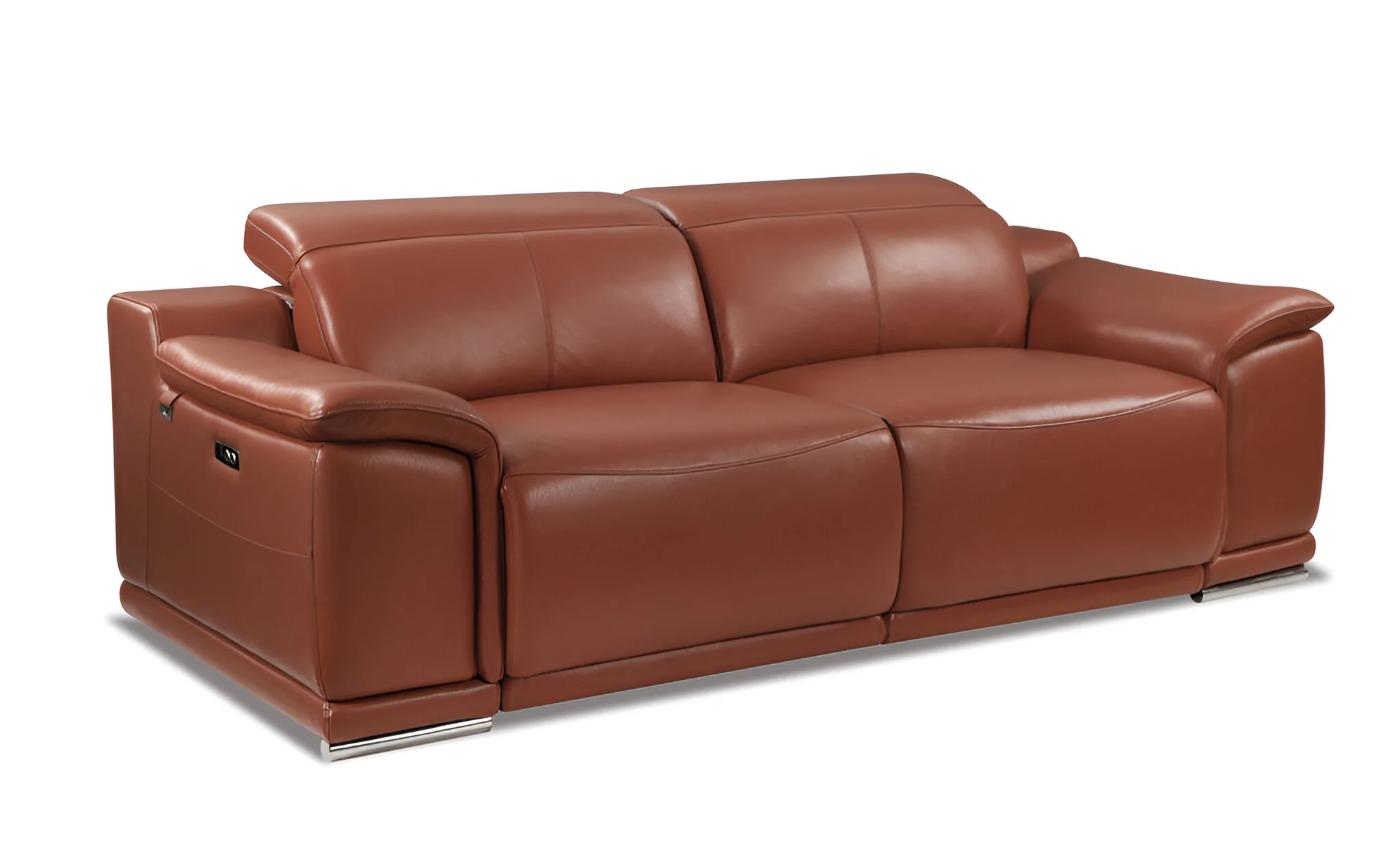 86" Camel Italian Leather USB Reclining Sofa With Silver Legs - Image 3
