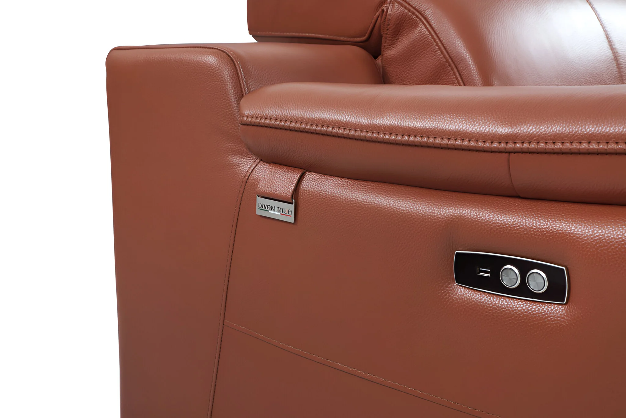 86" Camel Italian Leather USB Reclining Sofa With Silver Legs - Image 5