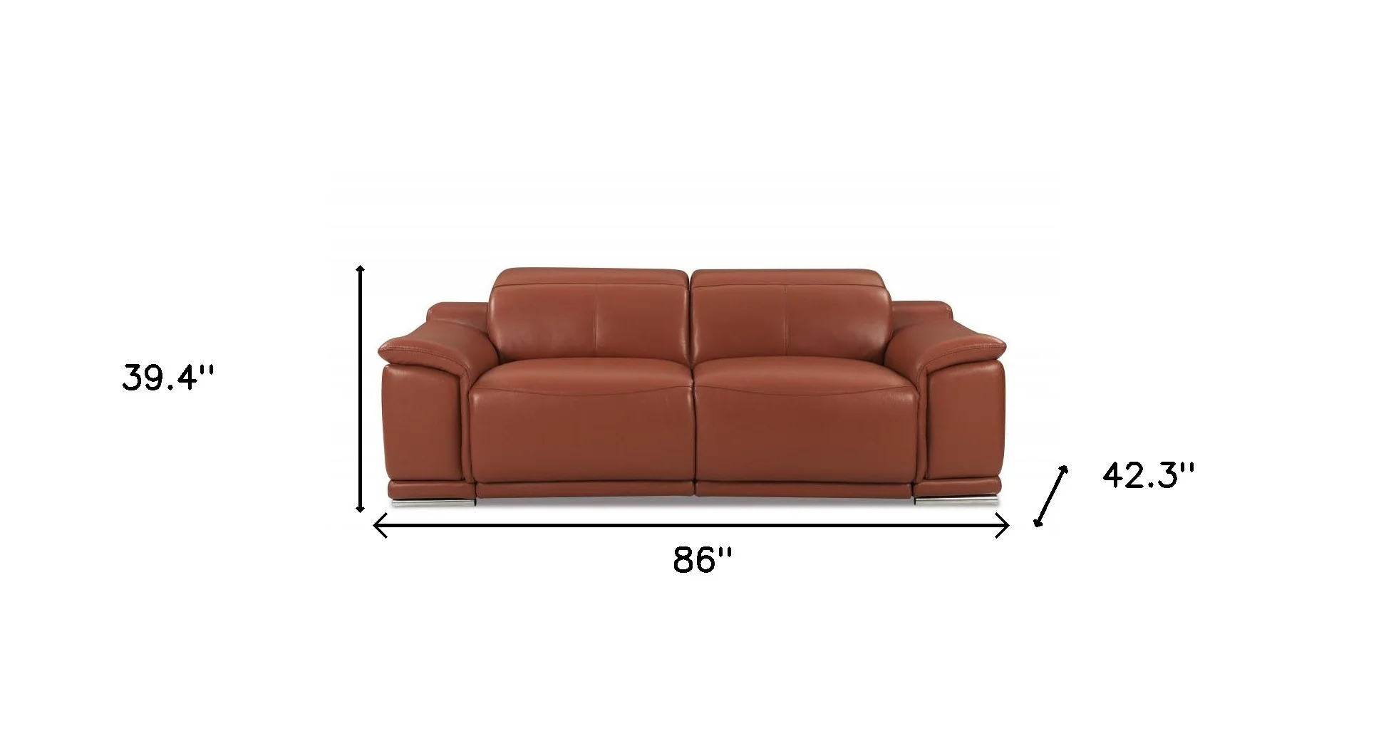 86" Camel Italian Leather USB Reclining Sofa With Silver Legs - Image 8