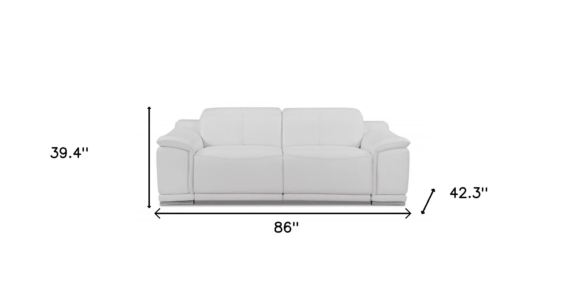 86" White Italian Leather USB Reclining Sofa With Silver Legs - Image 8