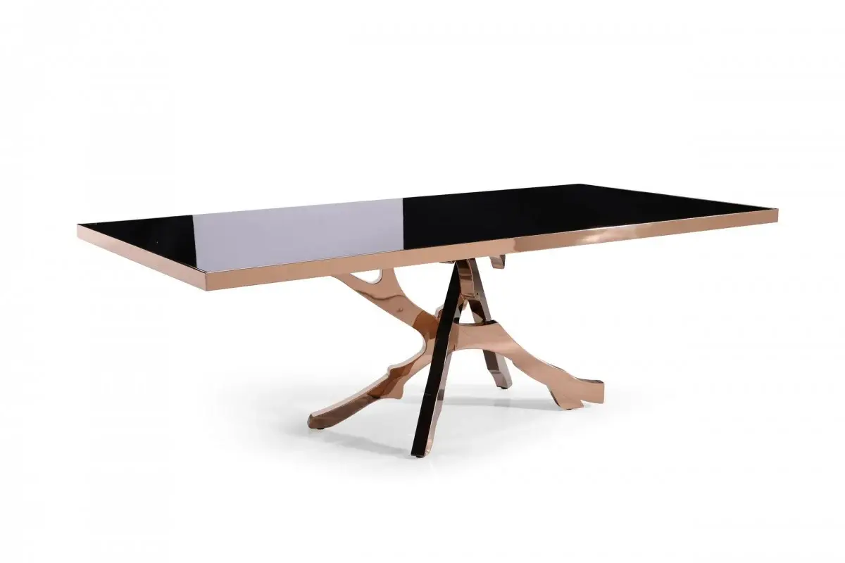 87" Black And Gold Glass And Stainless Steel Pedestal Base Dining Table - Image 3