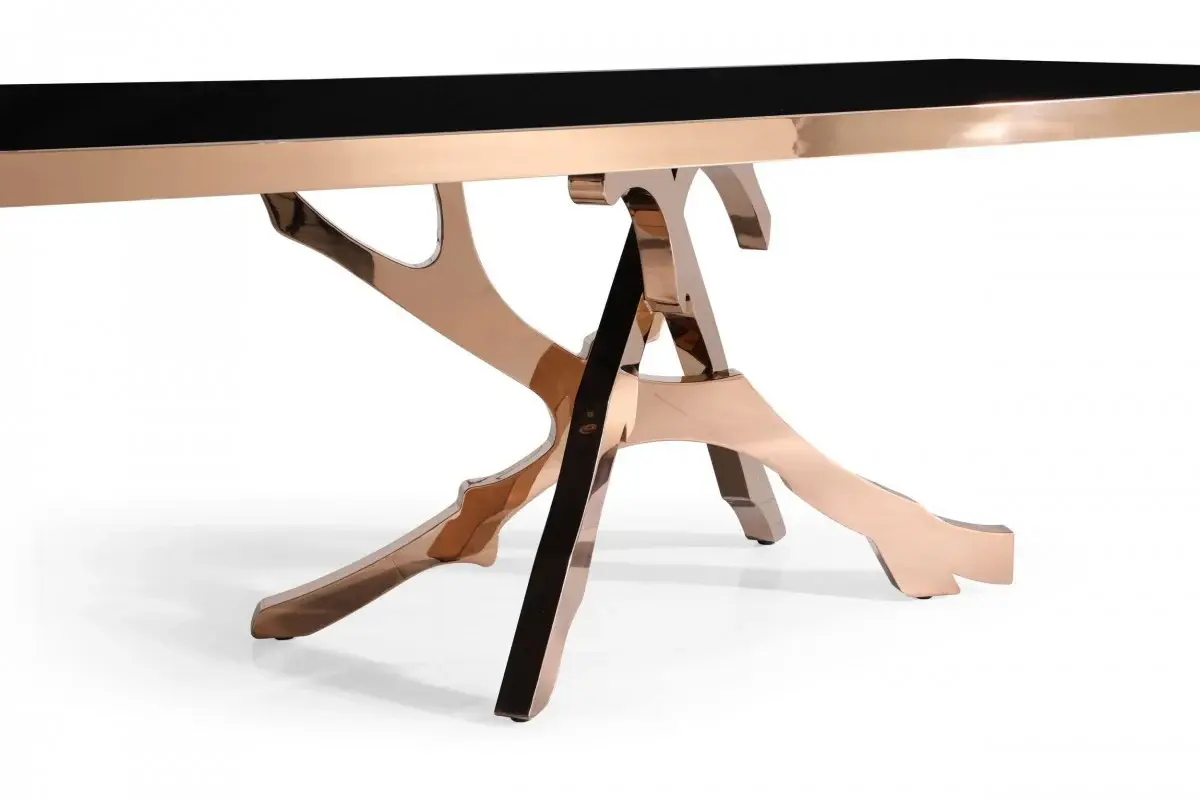 87" Black And Gold Glass And Stainless Steel Pedestal Base Dining Table - Image 5