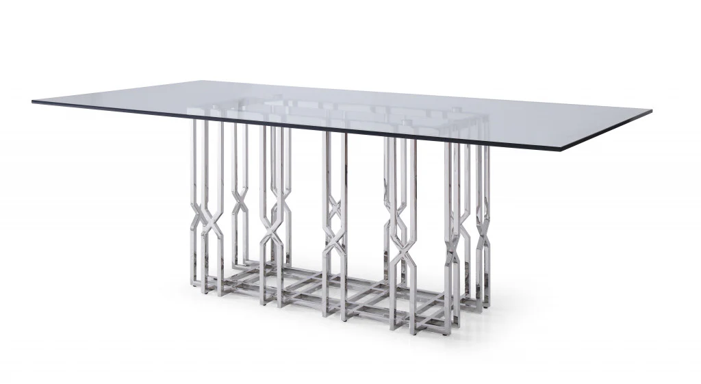 87" Clear And Silver Glass And Stainless Steel Pedestal Base Dining Table - Image 2