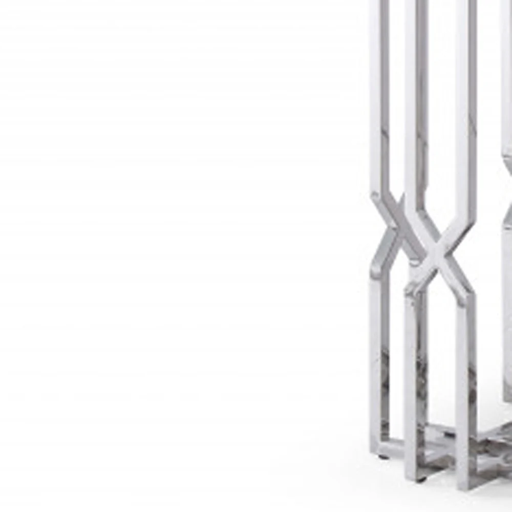 87" Clear And Silver Glass And Stainless Steel Pedestal Base Dining Table - Image 3