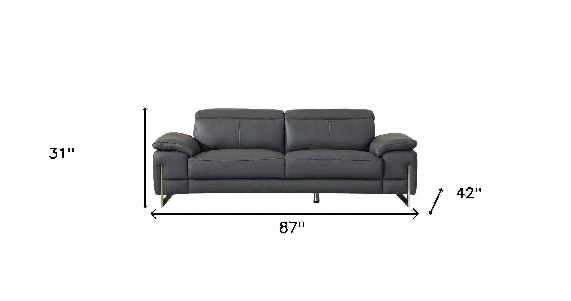 87" Dark Gray Italian Leather Sofa With Silver Legs - Image 6