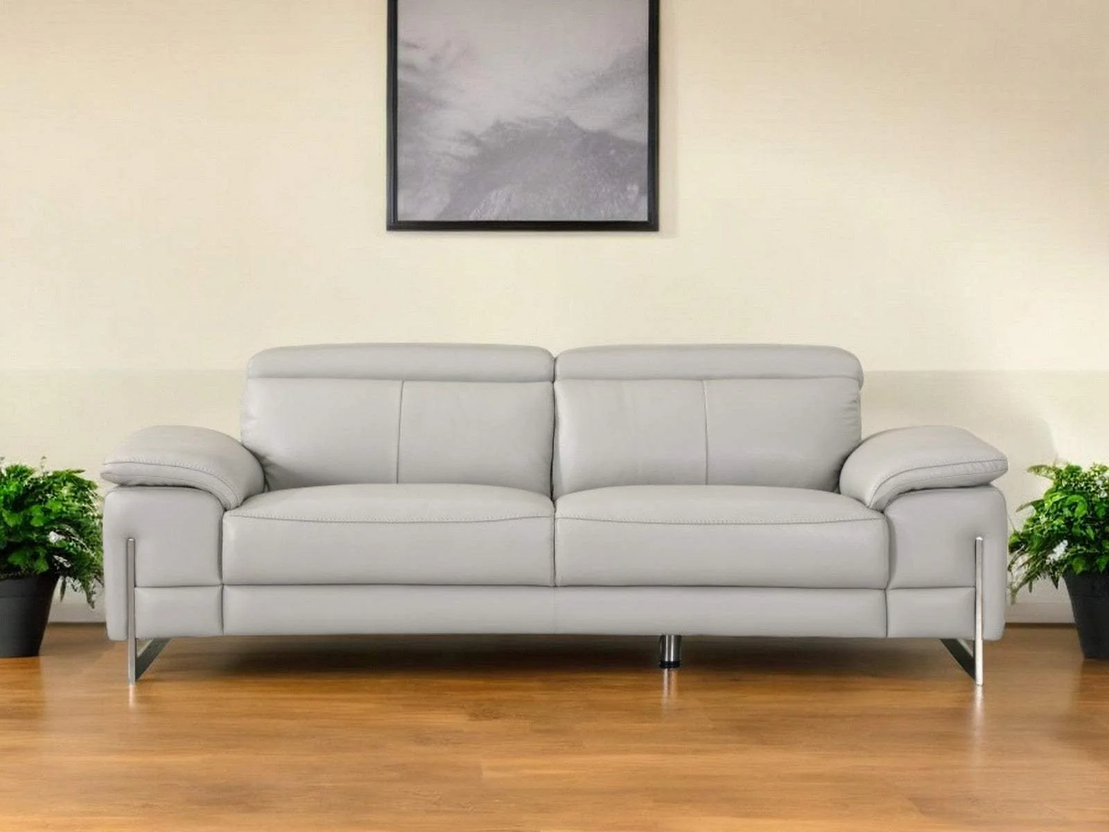 87" Light Gray Italian Leather Sofa With Silver Legs