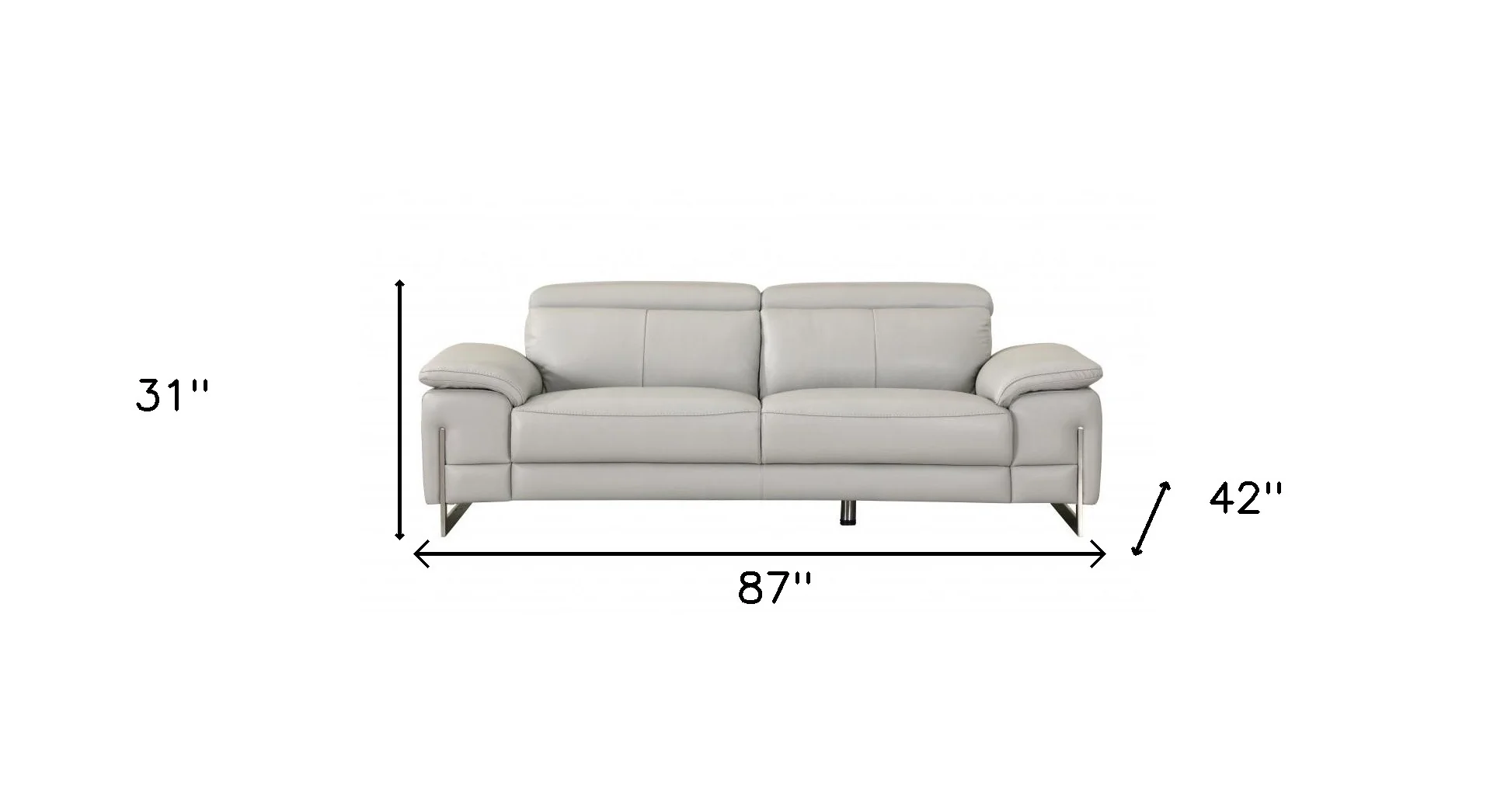 87" Light Gray Italian Leather Sofa With Silver Legs - Image 7