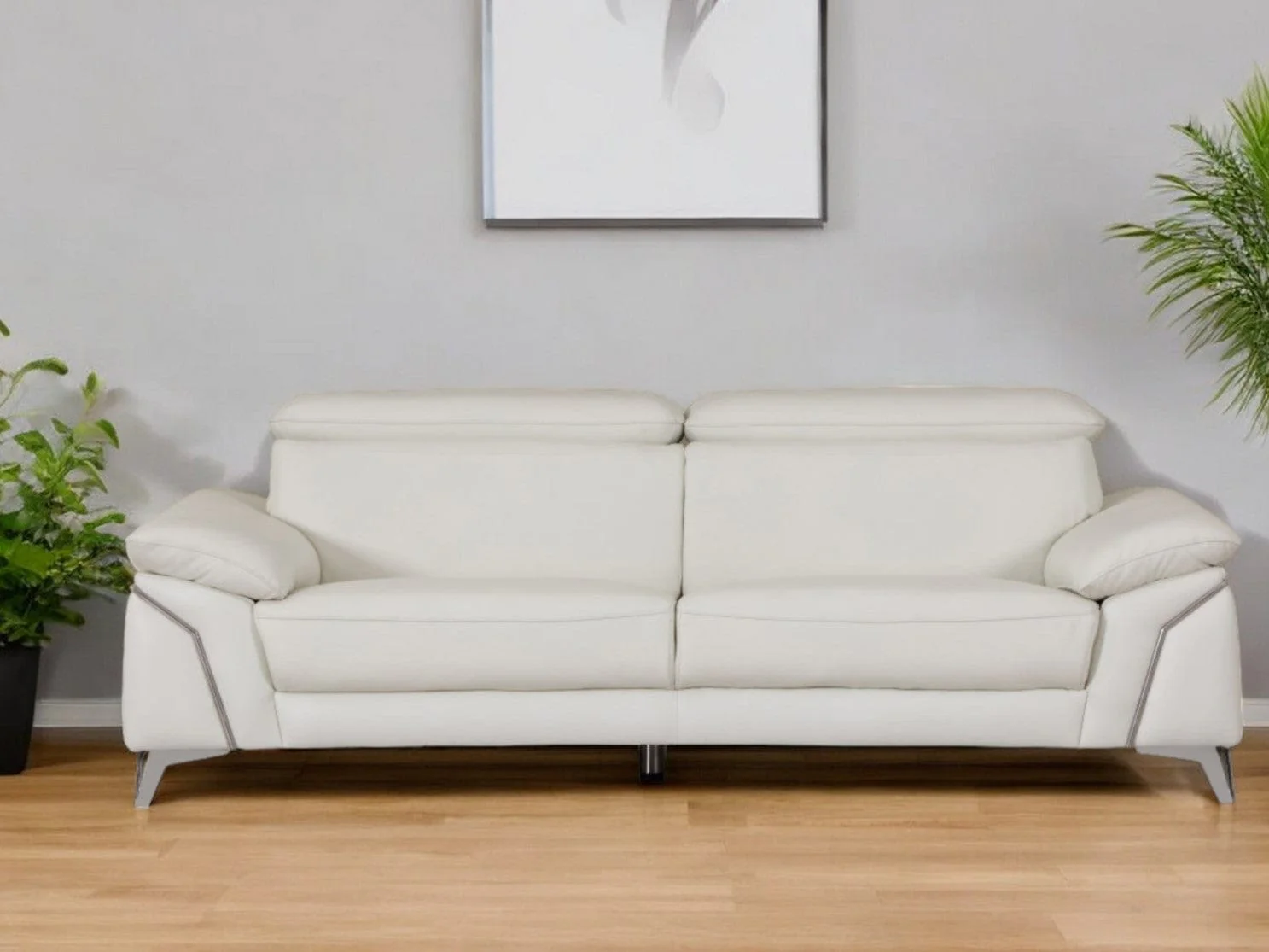 87" White Italian Leather Sofa With Silver Legs - Image 2