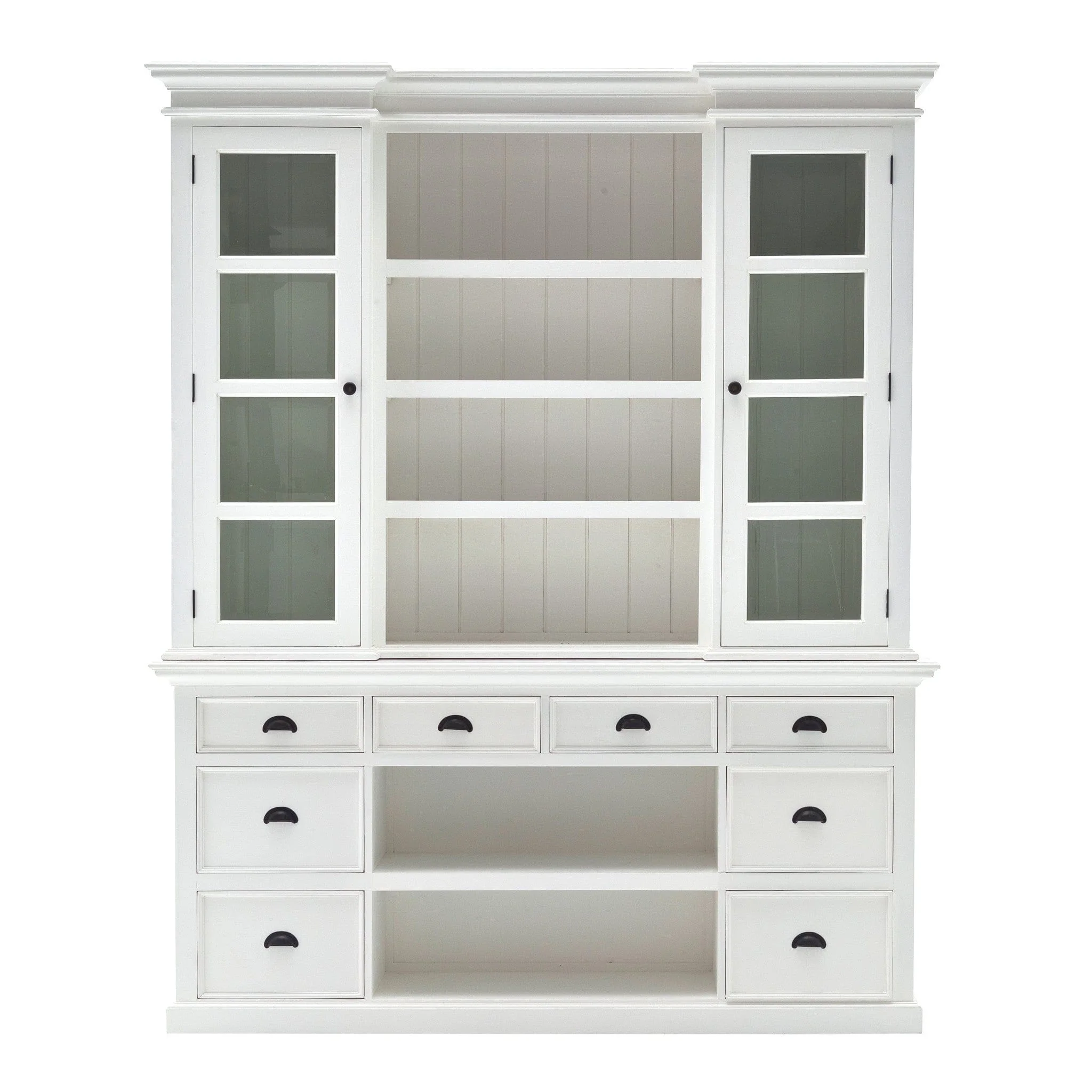 87" White Wood Bookcase with Glass Doors Drawers and Baskets - Image 4