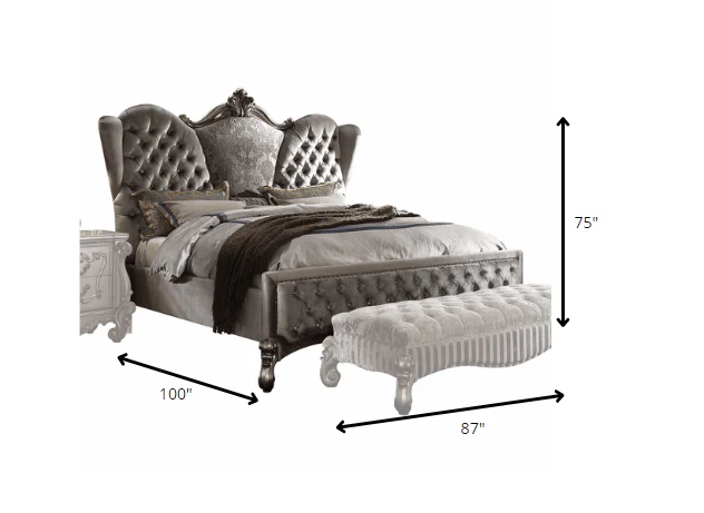 87" X 100" X 75" Velvet Antique Platinum Upholstery Poly Resin California King Bed - Image 3