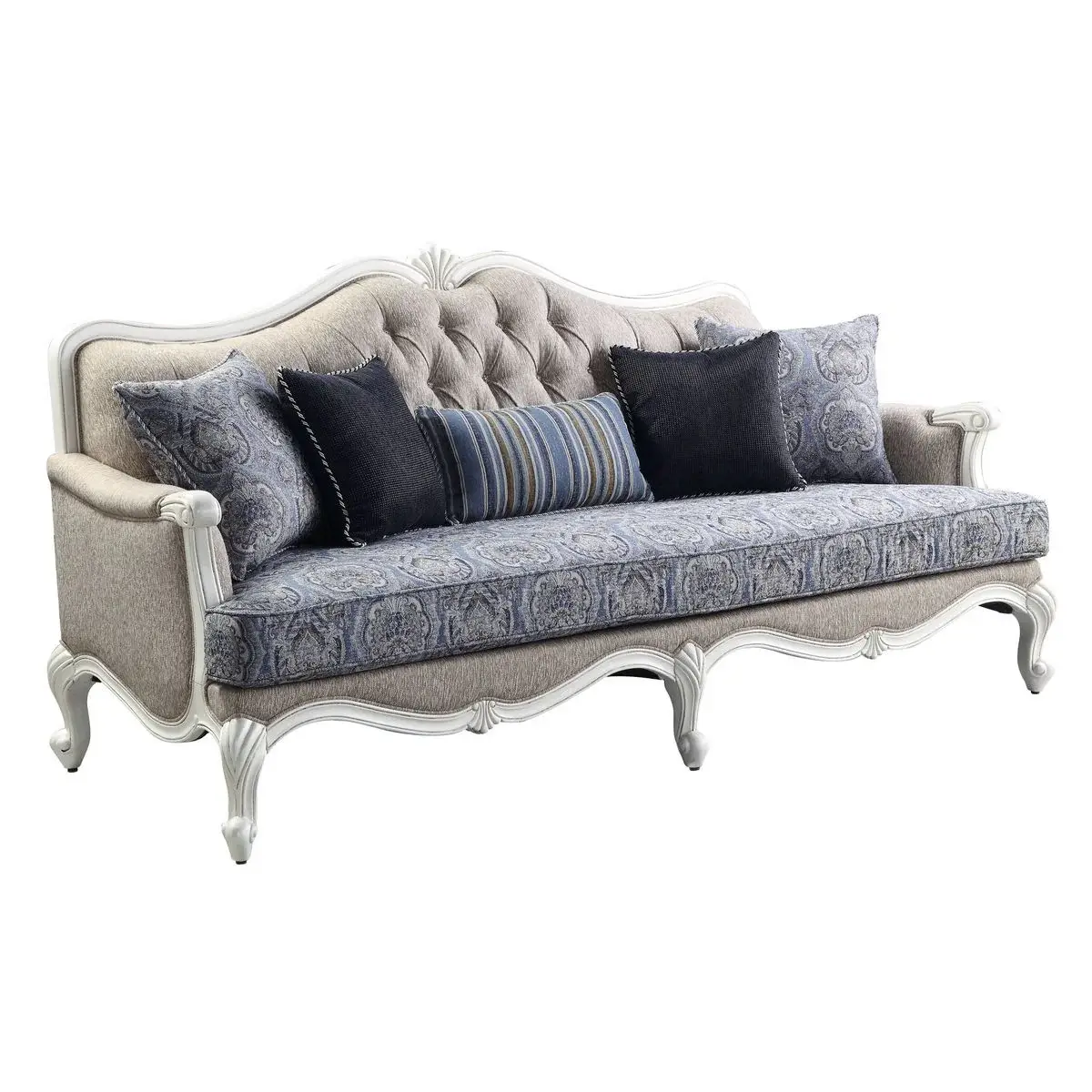 88" Cream Linen Damask Sofa And Toss Pillows With White Legs - Image 2