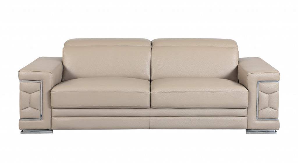 89" Beige Italian Leather Sofa With Silver Legs - Image 2
