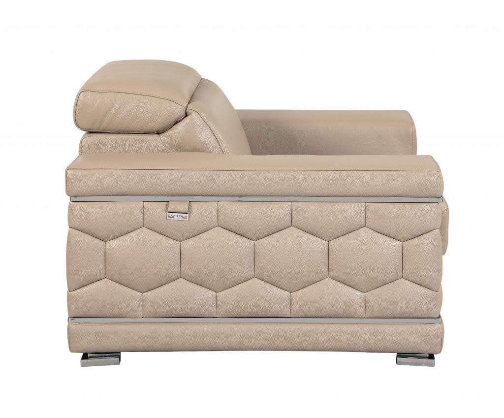89" Beige Italian Leather Sofa With Silver Legs - Image 3
