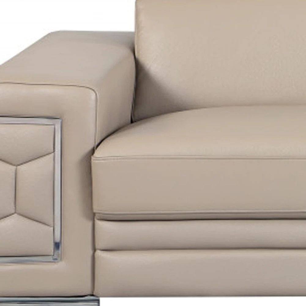 89" Beige Italian Leather Sofa With Silver Legs - Image 5
