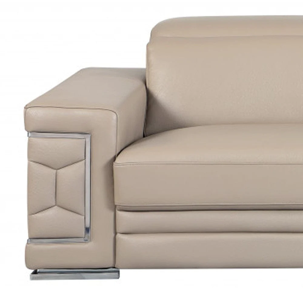 89" Beige Italian Leather Sofa With Silver Legs - Image 6