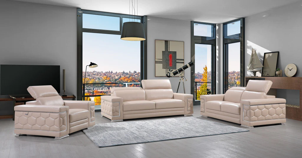 89" Beige Italian Leather Sofa With Silver Legs - Image 7