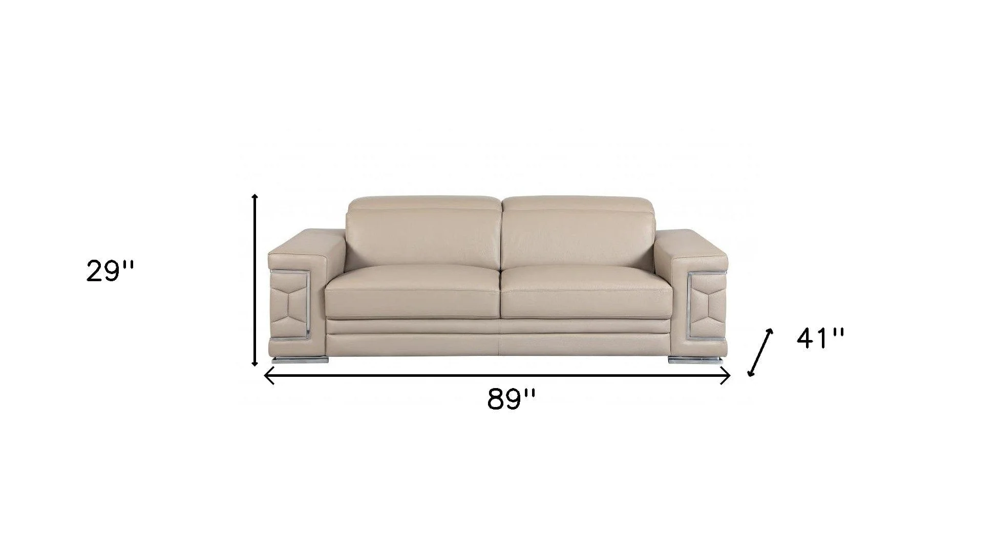 89" Beige Italian Leather Sofa With Silver Legs - Image 8