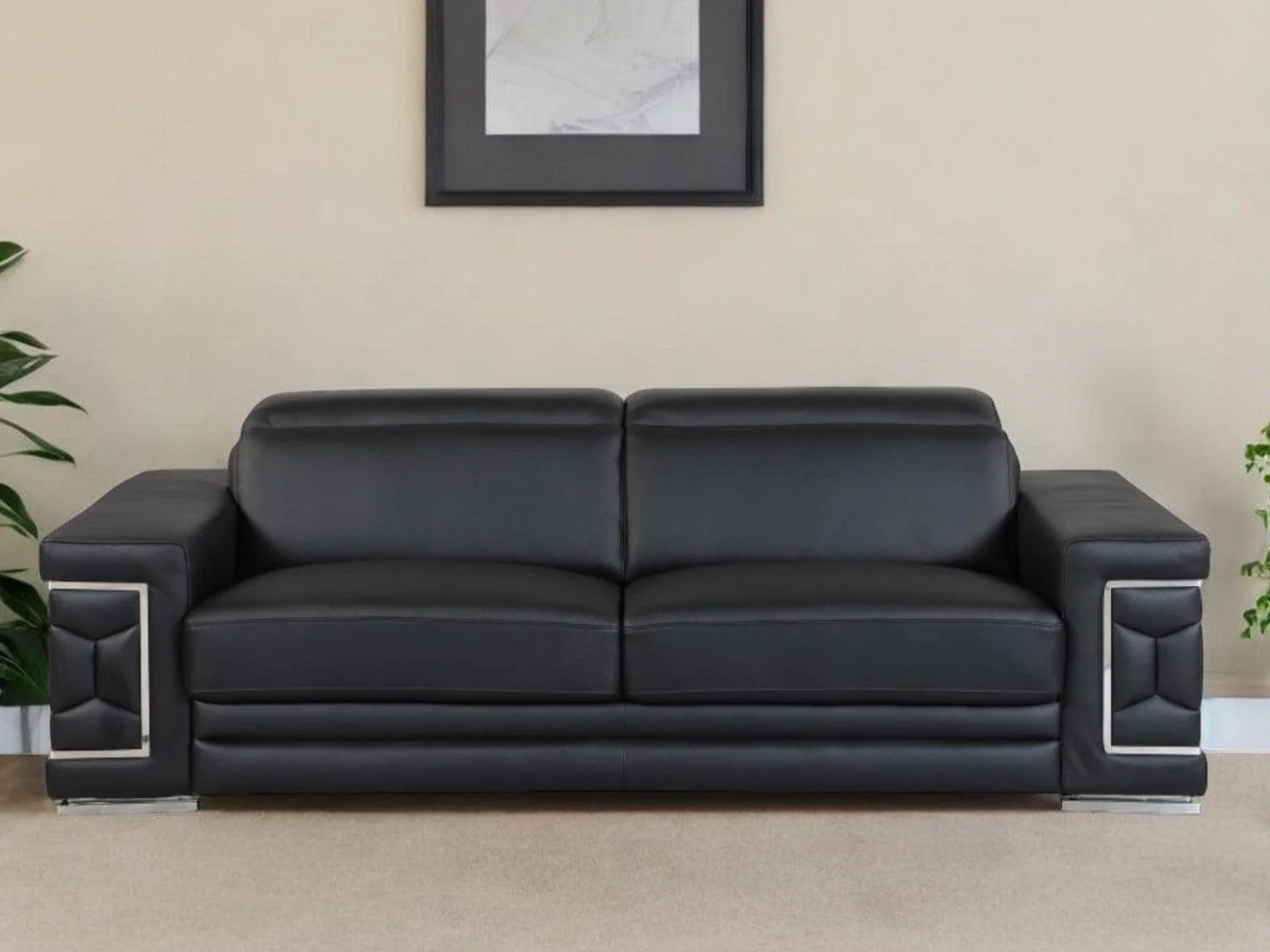 89" Black Italian Leather Sofa With Silver Legs - Image 2