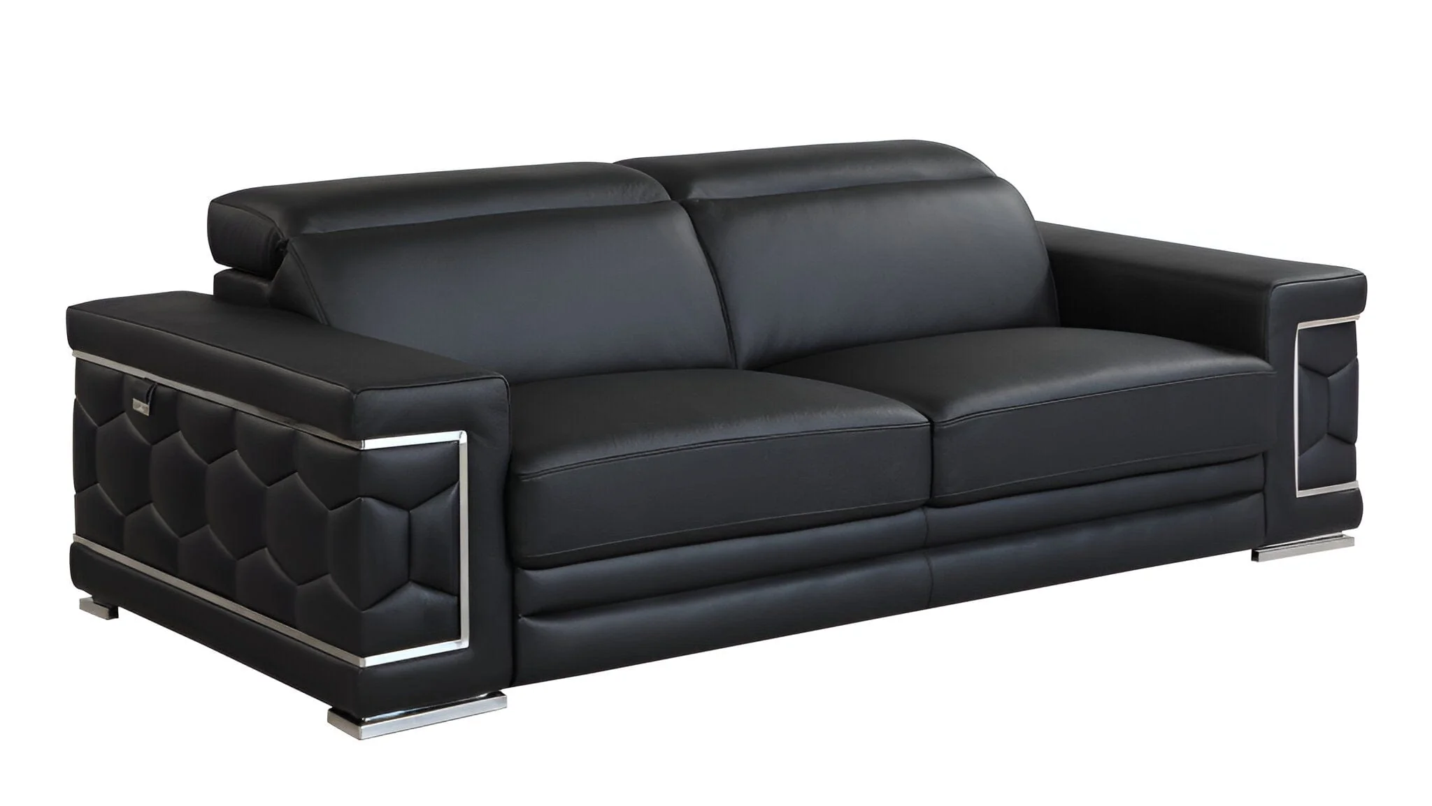 89" Black Italian Leather Sofa With Silver Legs - Image 3