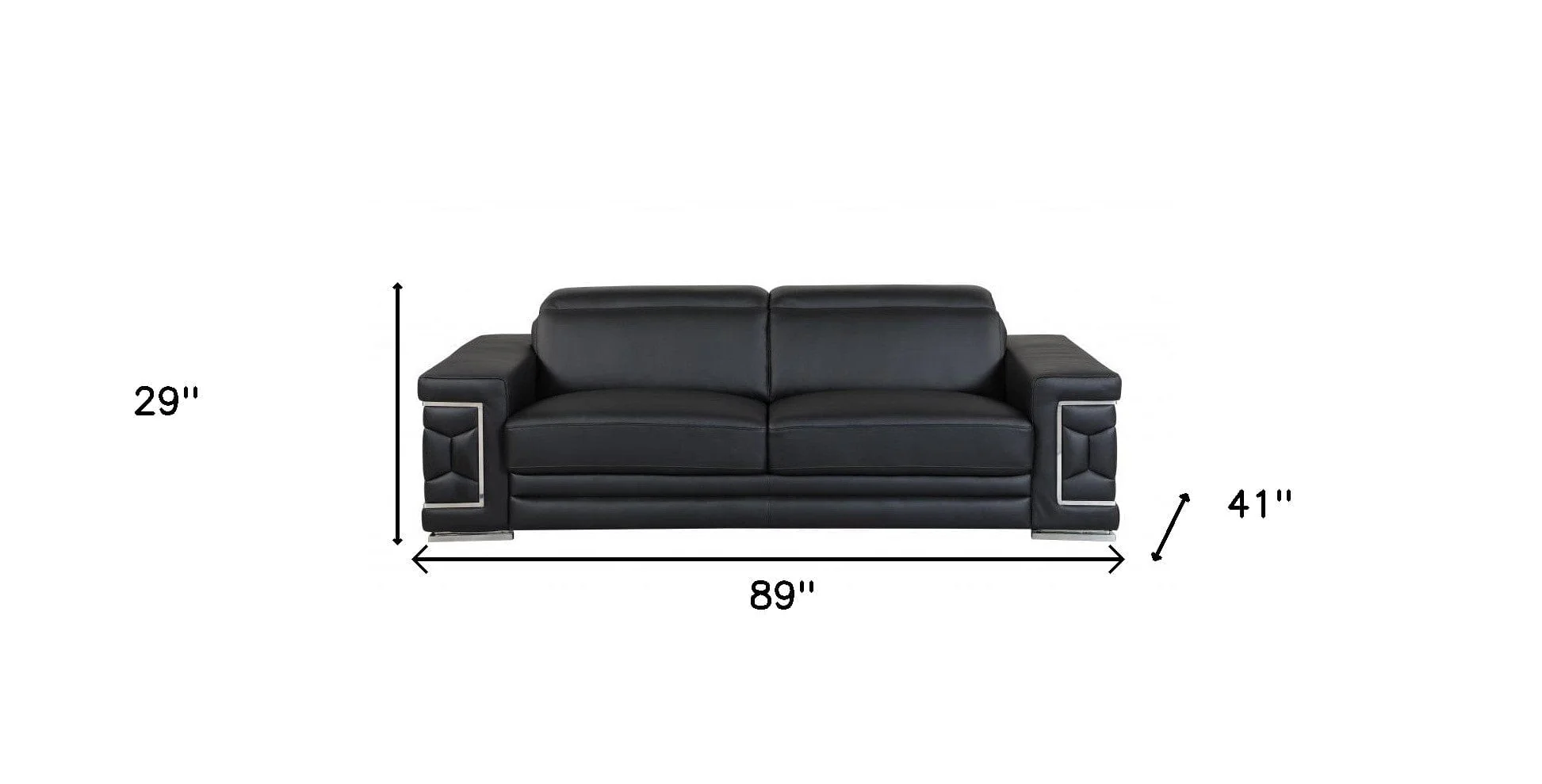 89" Black Italian Leather Sofa With Silver Legs - Image 9