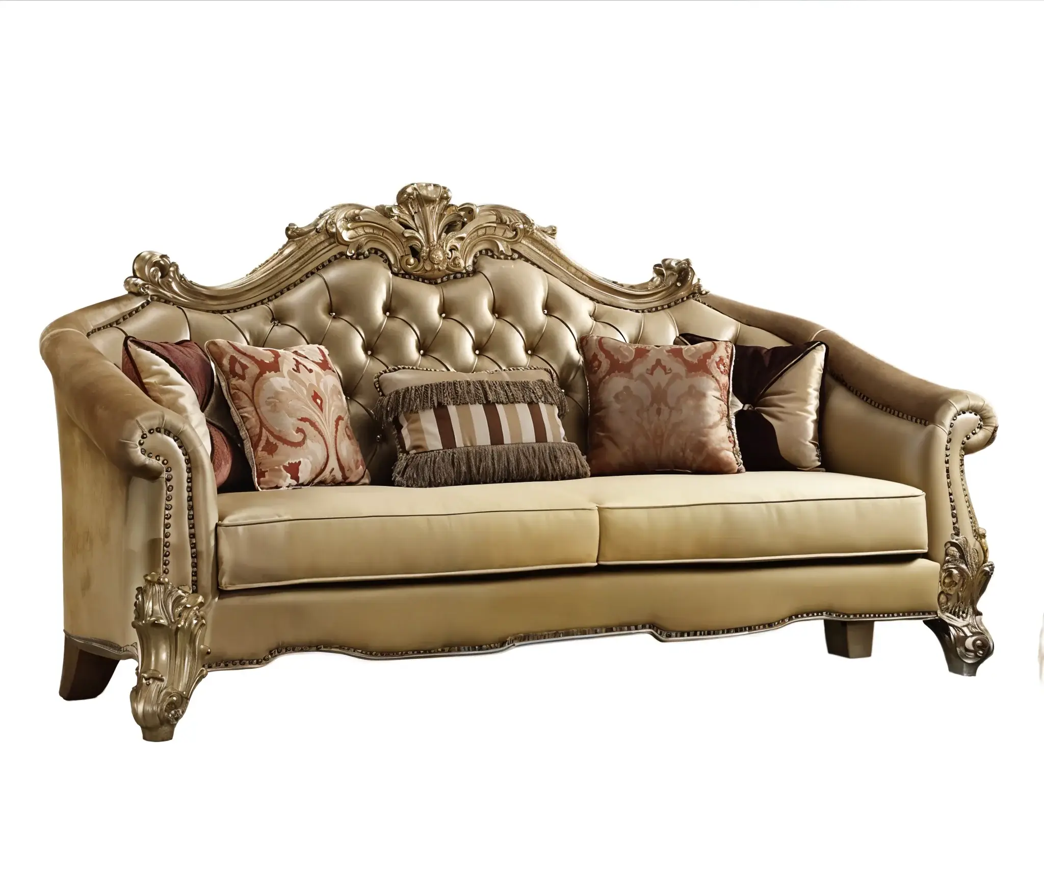 89" Bone Faux Leather Sofa And Toss Pillows With Gold Legs - Image 2