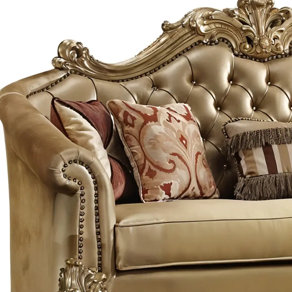 89" Bone Faux Leather Sofa And Toss Pillows With Gold Legs - Image 3