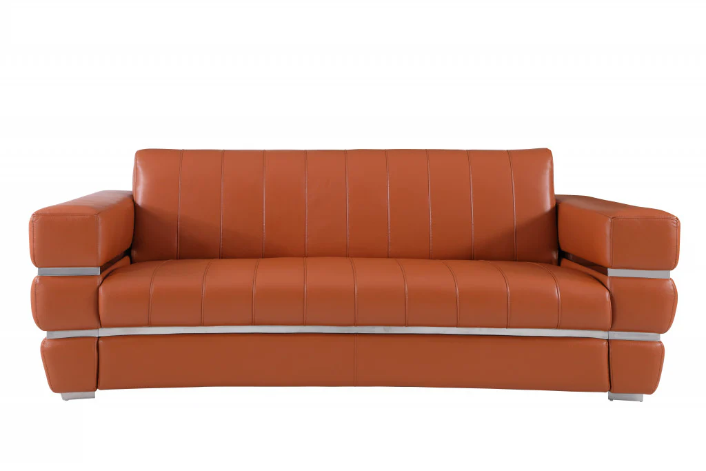 89" Camel Italian Leather Sofa With Silver Legs - Image 2
