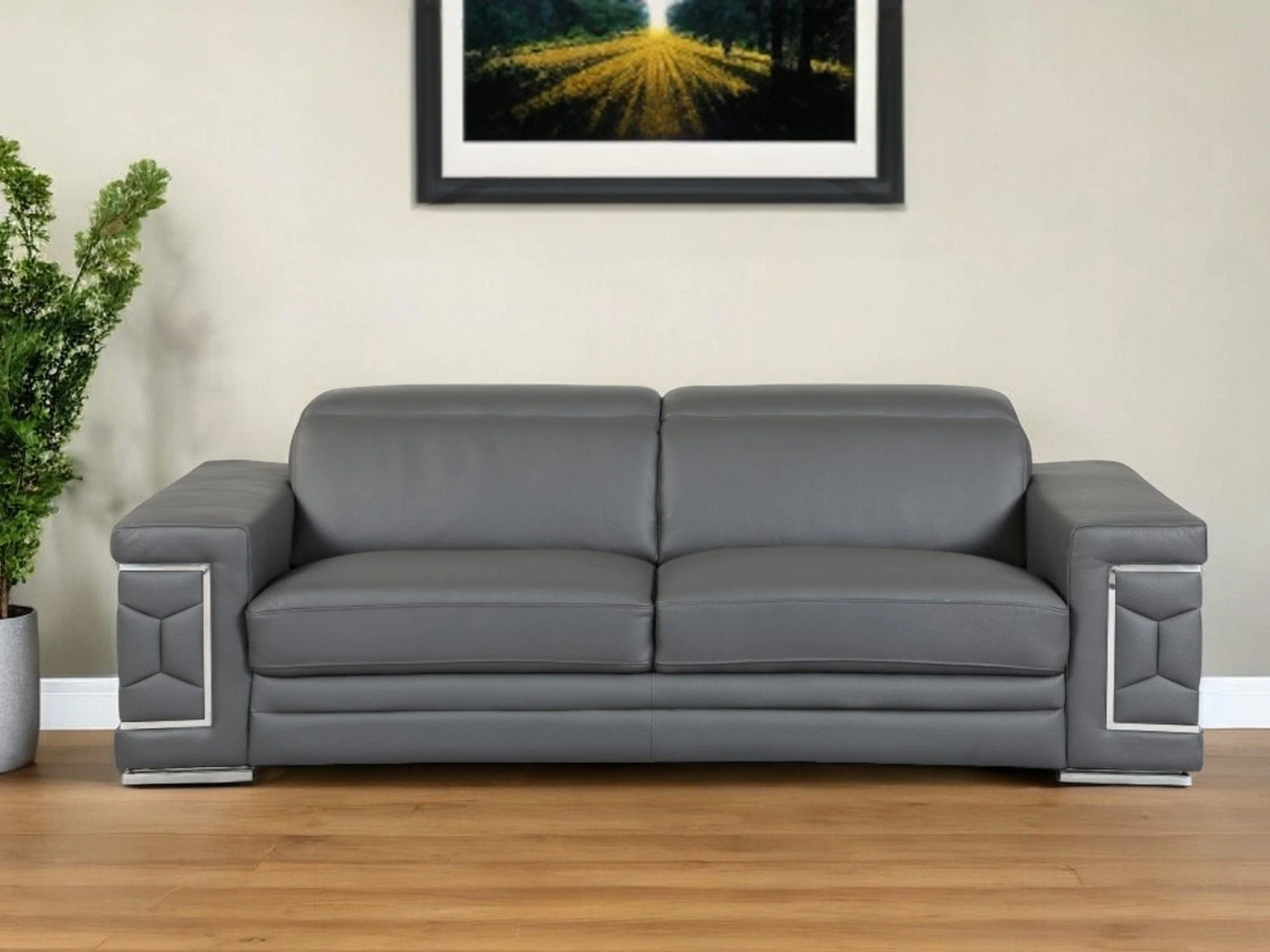 89" Dark Gray Italian Leather Sofa With Silver Legs - Image 2
