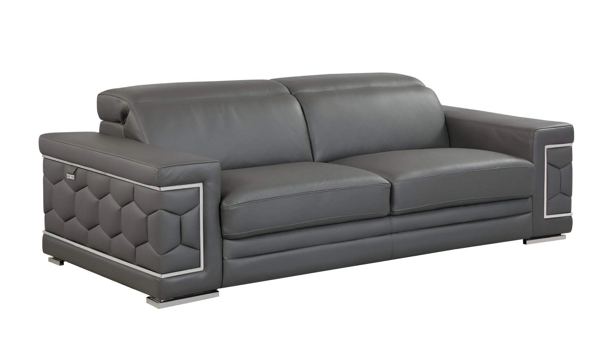 89" Dark Gray Italian Leather Sofa With Silver Legs - Image 3