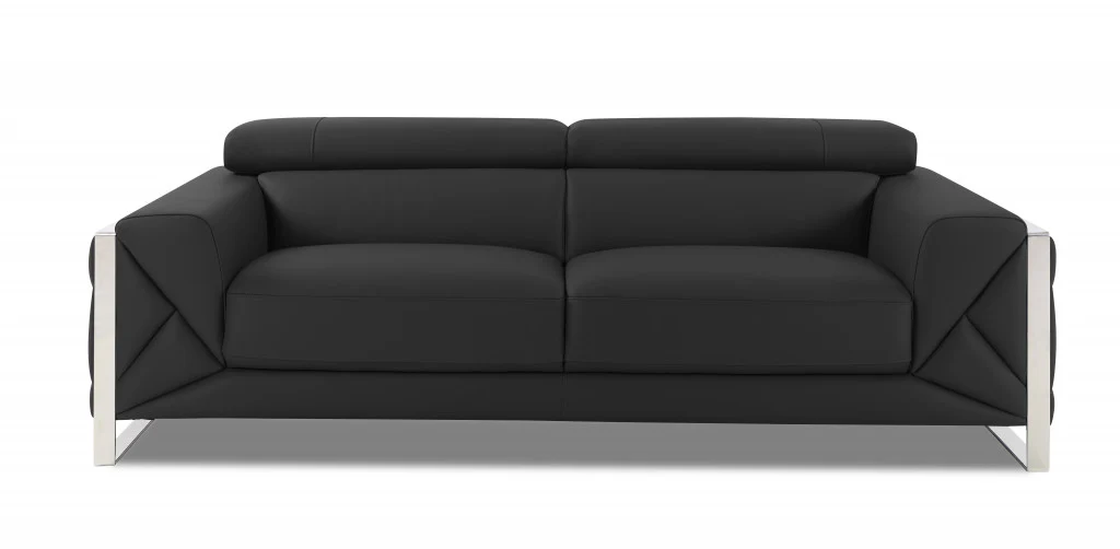 89" Dark Gray Italian Leather Sofa With Silver Legs - Image 2