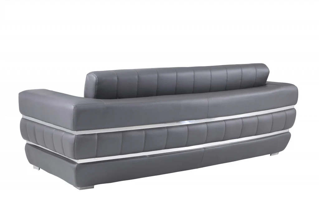 89" Dark Gray Italian Leather Sofa With Silver Legs - Image 4