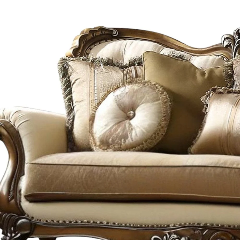 89" Tan Polyester Blend Curved Floral Sofa And Toss Pillows With Brown Legs - Image 4