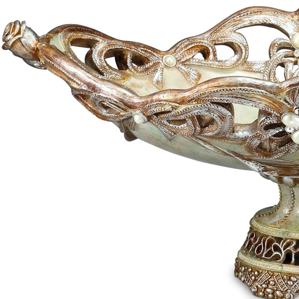 9" Beige And Gold Polyresin Decorative Bowl - Image 4