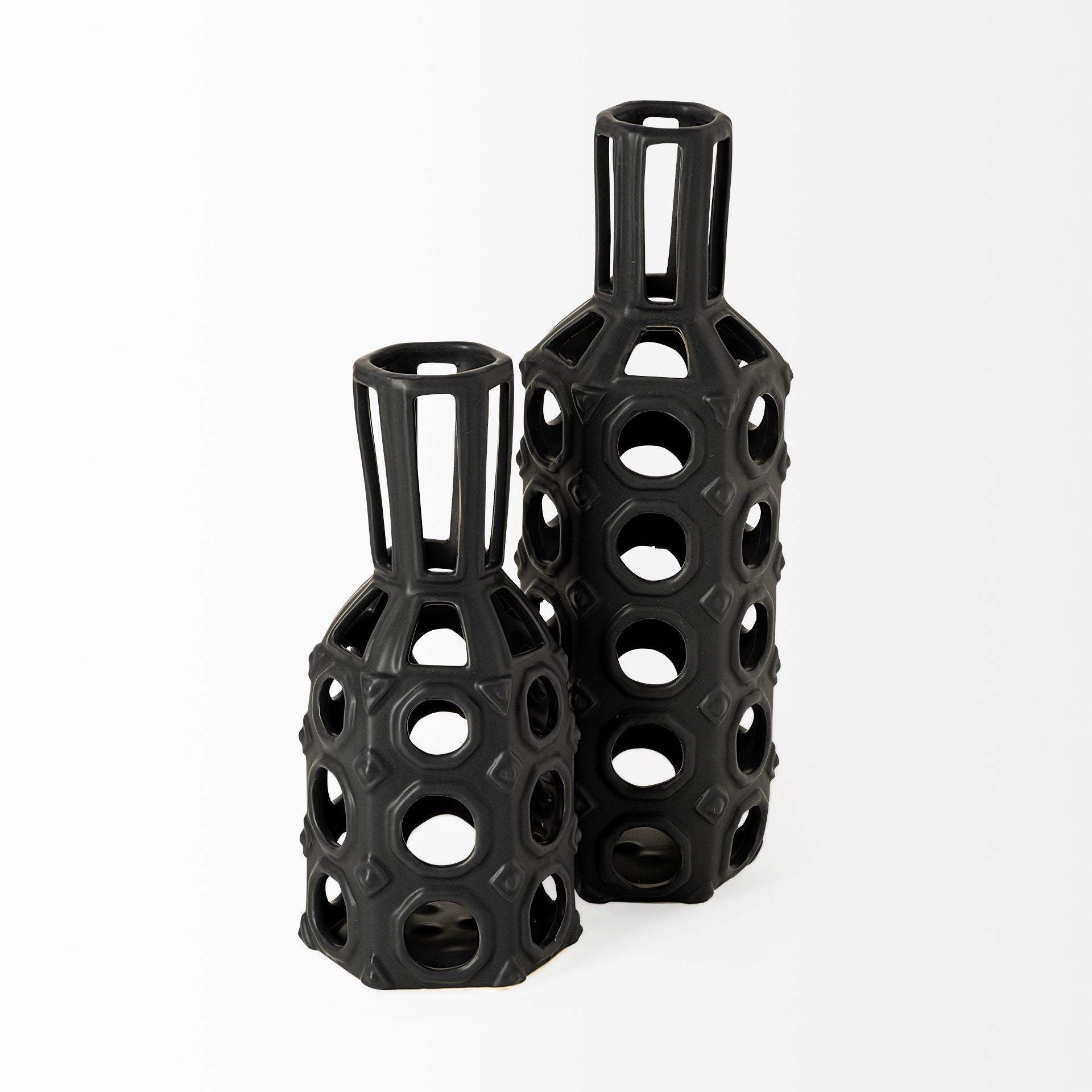 9" Black Pierced Pattern Ceramic Vase - Image 2