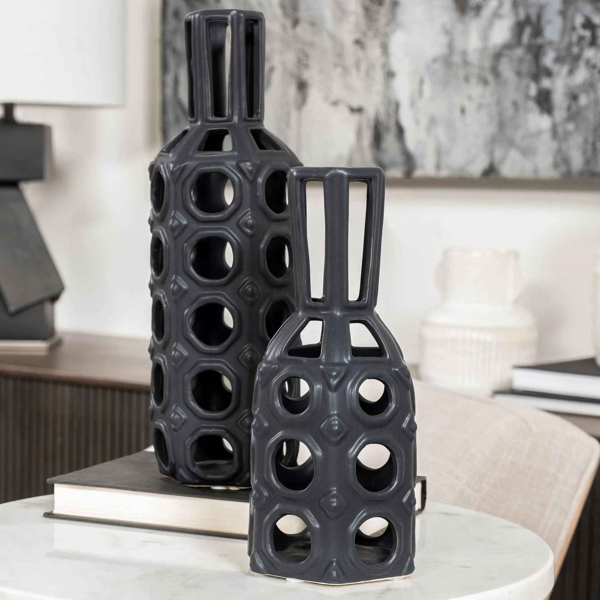 9" Black Pierced Pattern Ceramic Vase - Image 5