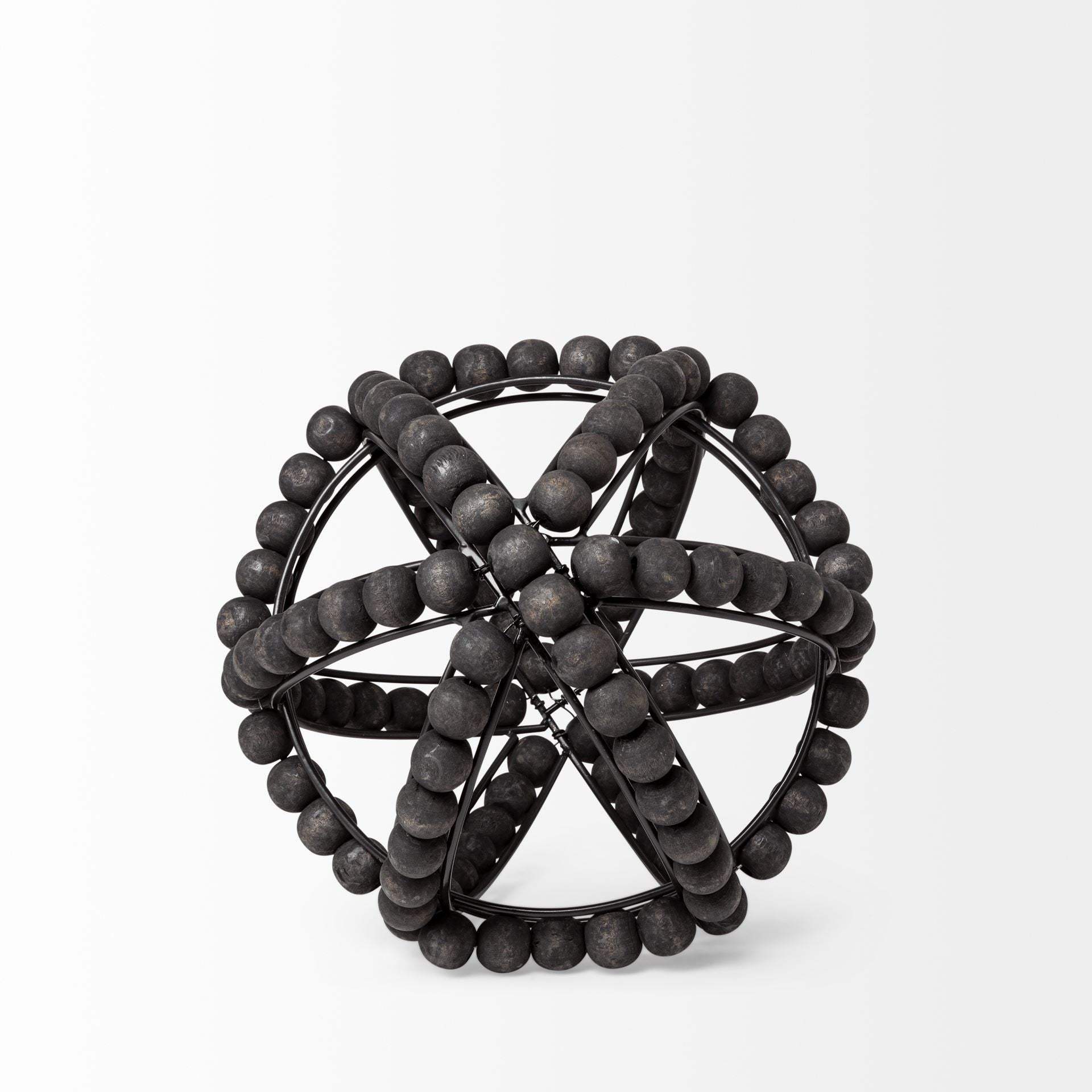 9" Black Wooden Bead And Metal Orb Sculpture - Image 2
