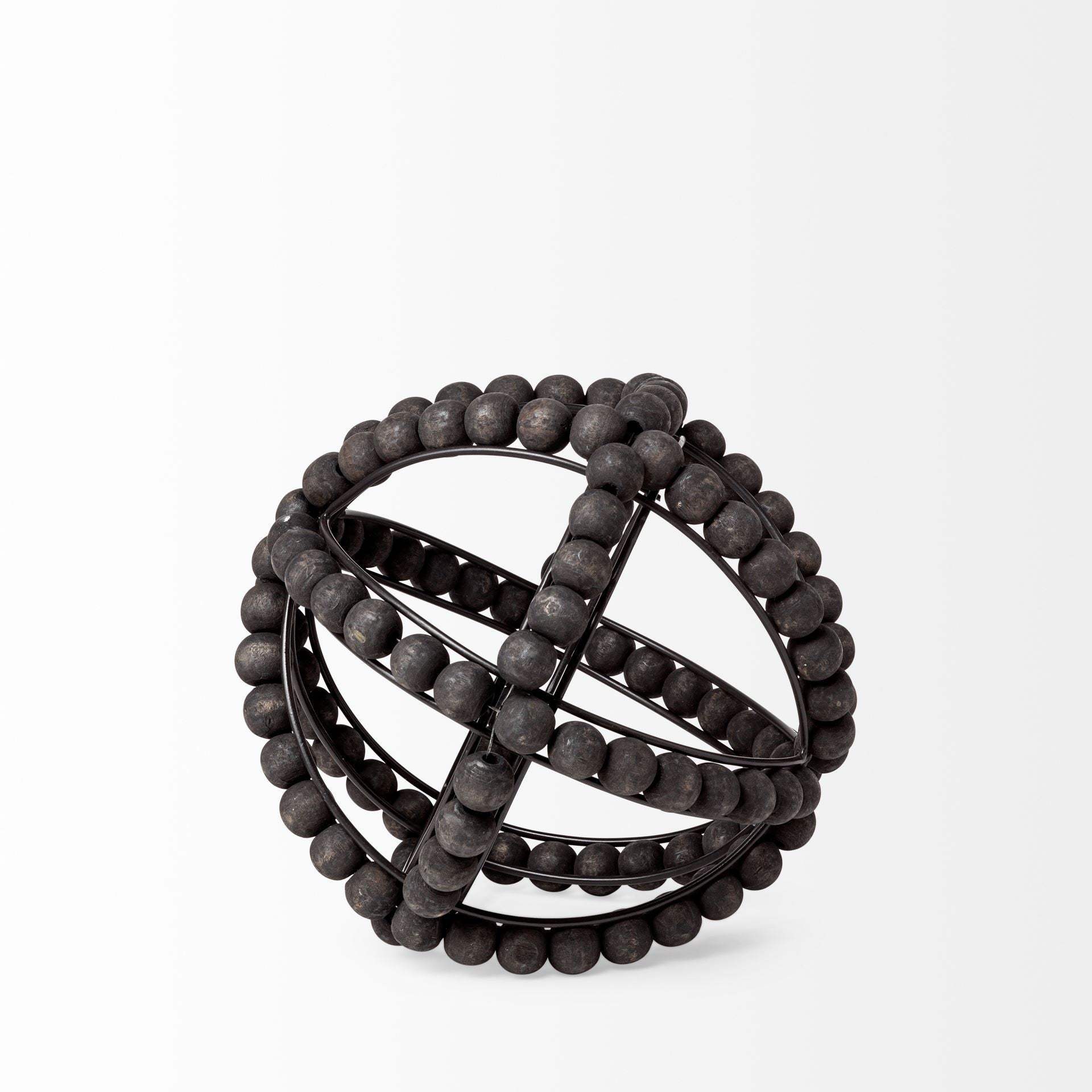 9" Black Wooden Bead And Metal Orb Sculpture - Image 3