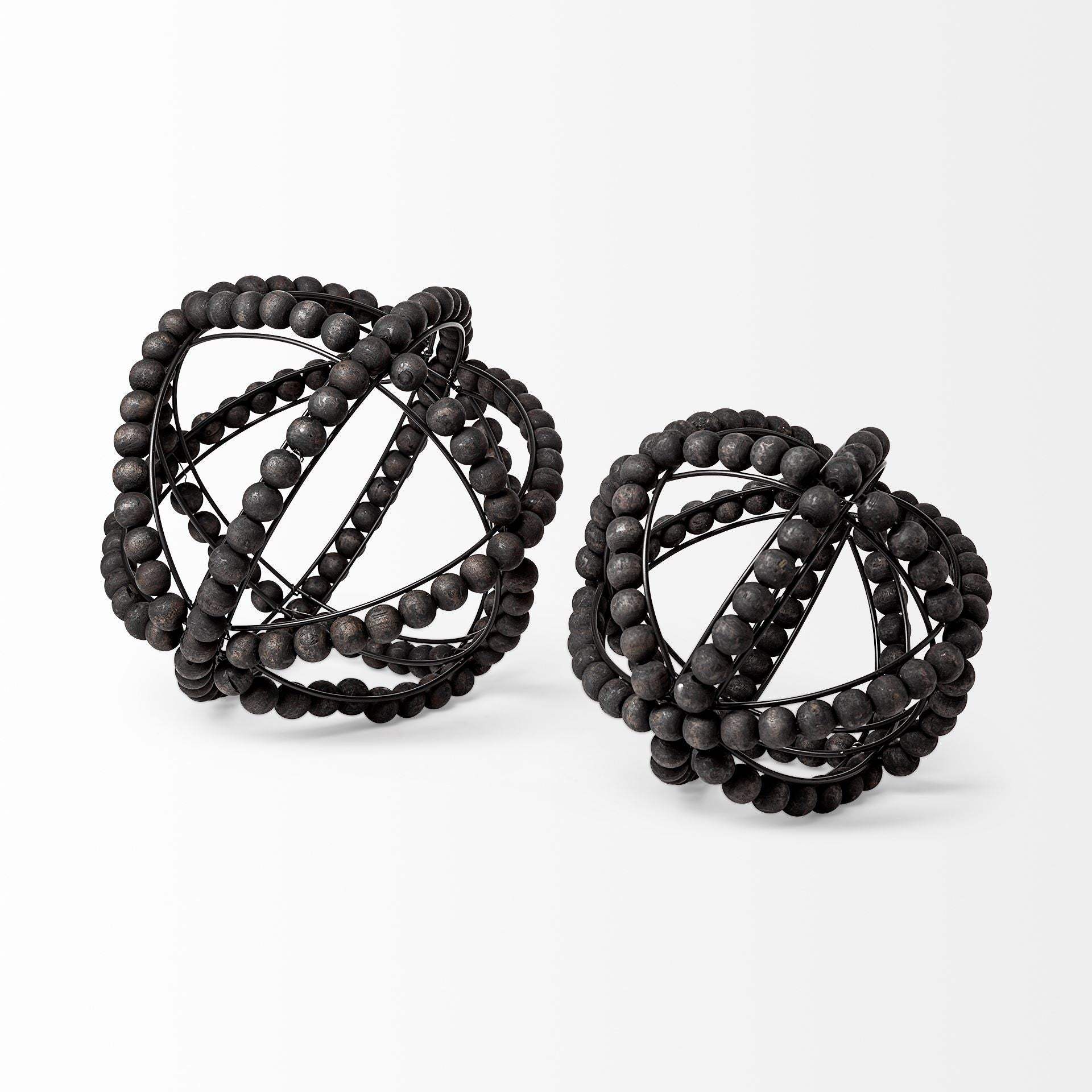9" Black Wooden Bead And Metal Orb Sculpture - Image 4