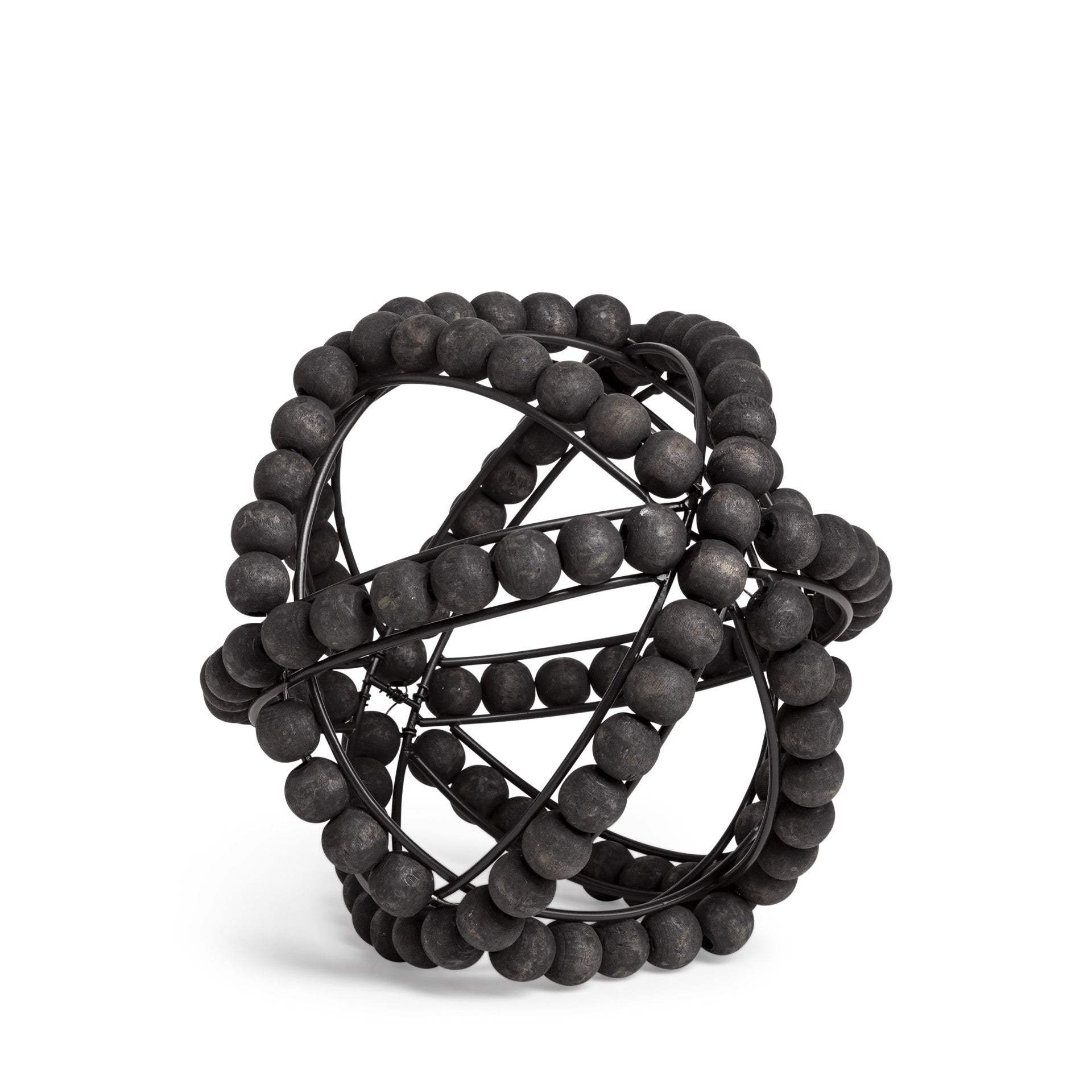 9" Black Wooden Bead And Metal Orb Sculpture - Image 5