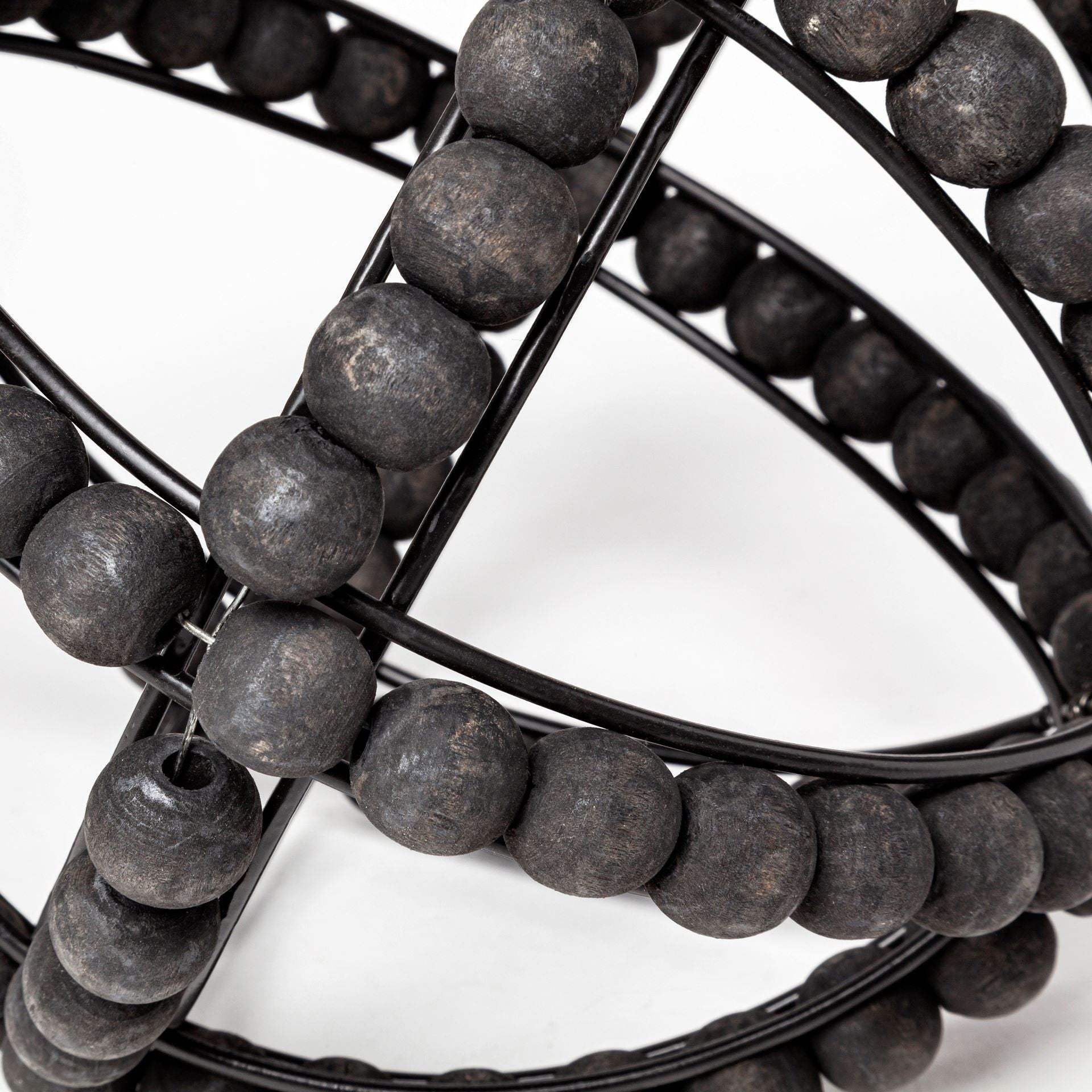 9" Black Wooden Bead And Metal Orb Sculpture - Image 6