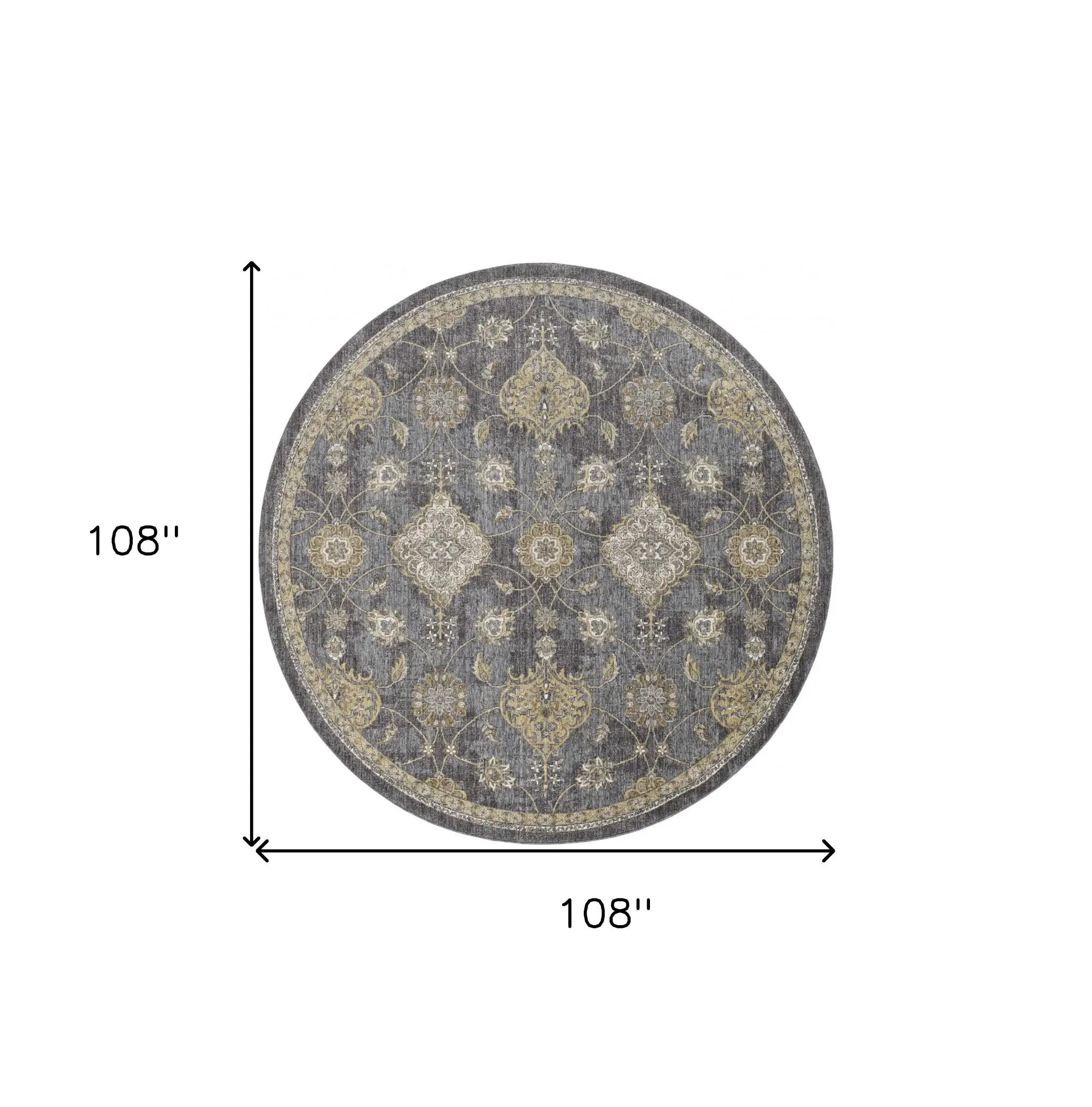 9' Slate Grey Machine Woven Bordered Floral Vines Round Indoor Area Rug - Image 3