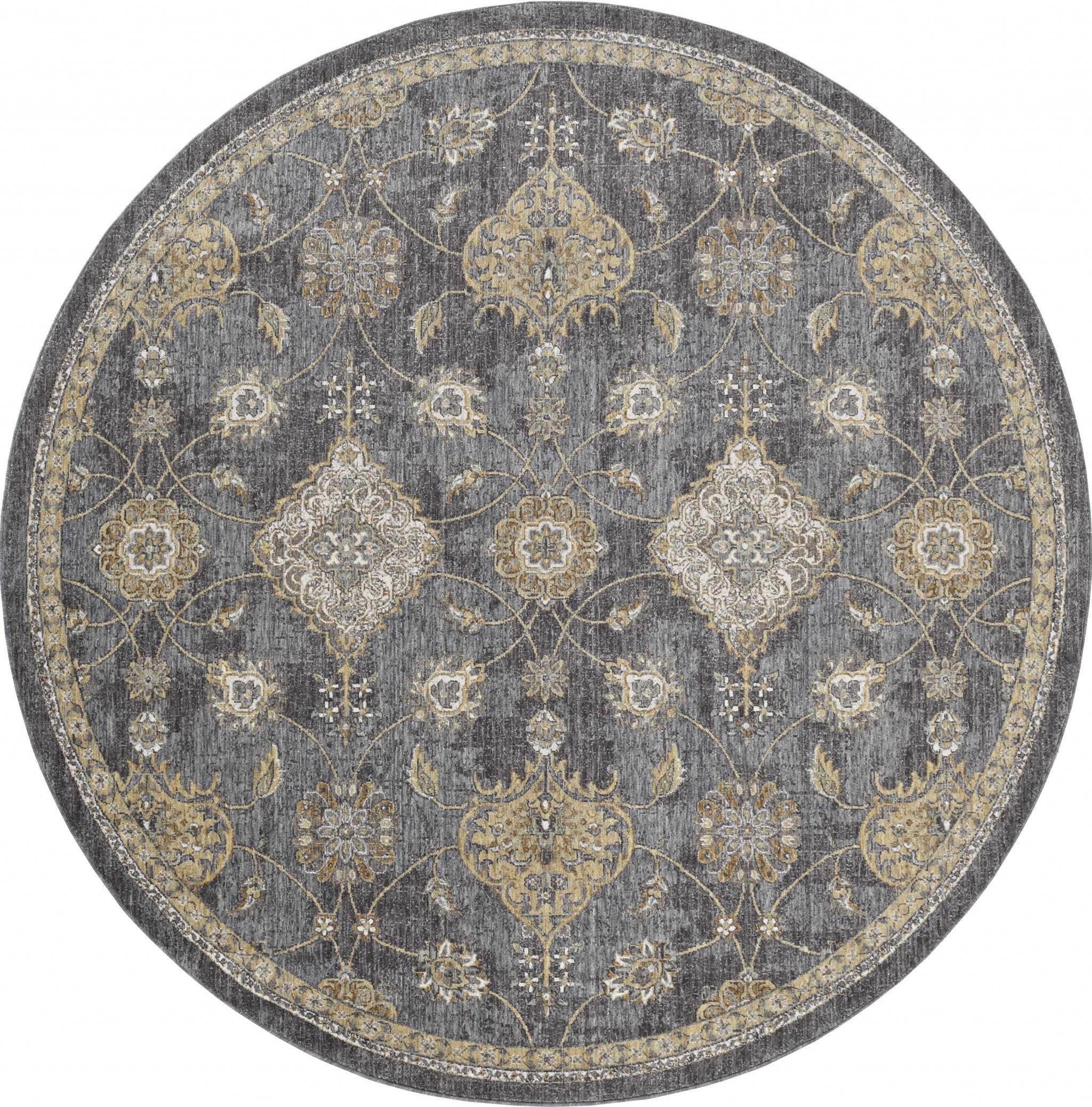 9' Slate Grey Machine Woven Bordered Floral Vines Round Indoor Area Rug - Image 4