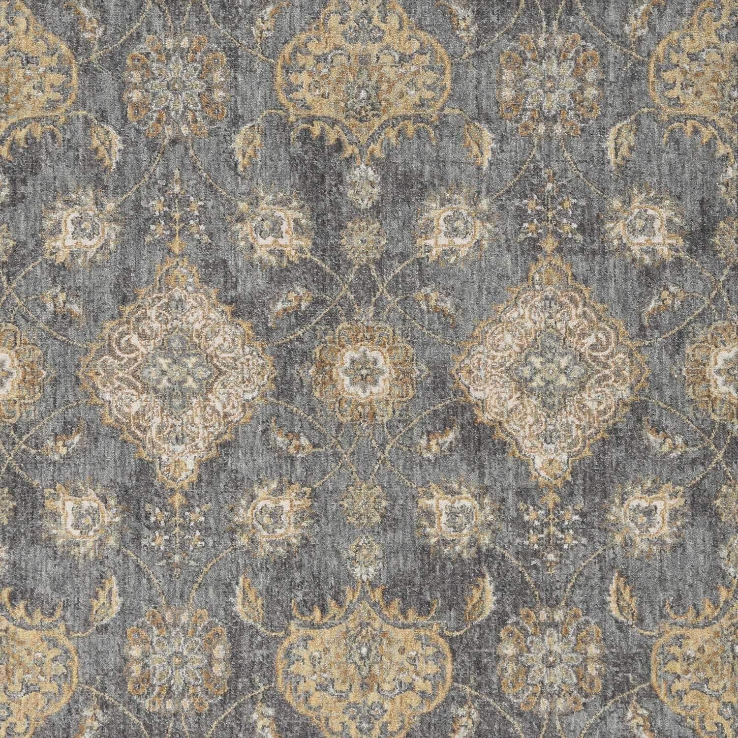 9' Slate Grey Machine Woven Bordered Floral Vines Round Indoor Area Rug - Image 5