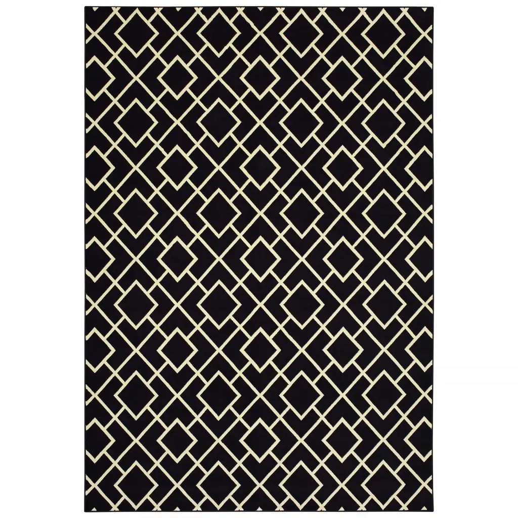 9' X 12' Black Ivory Machine Woven Geometric Diamonds Indoor Area Rug