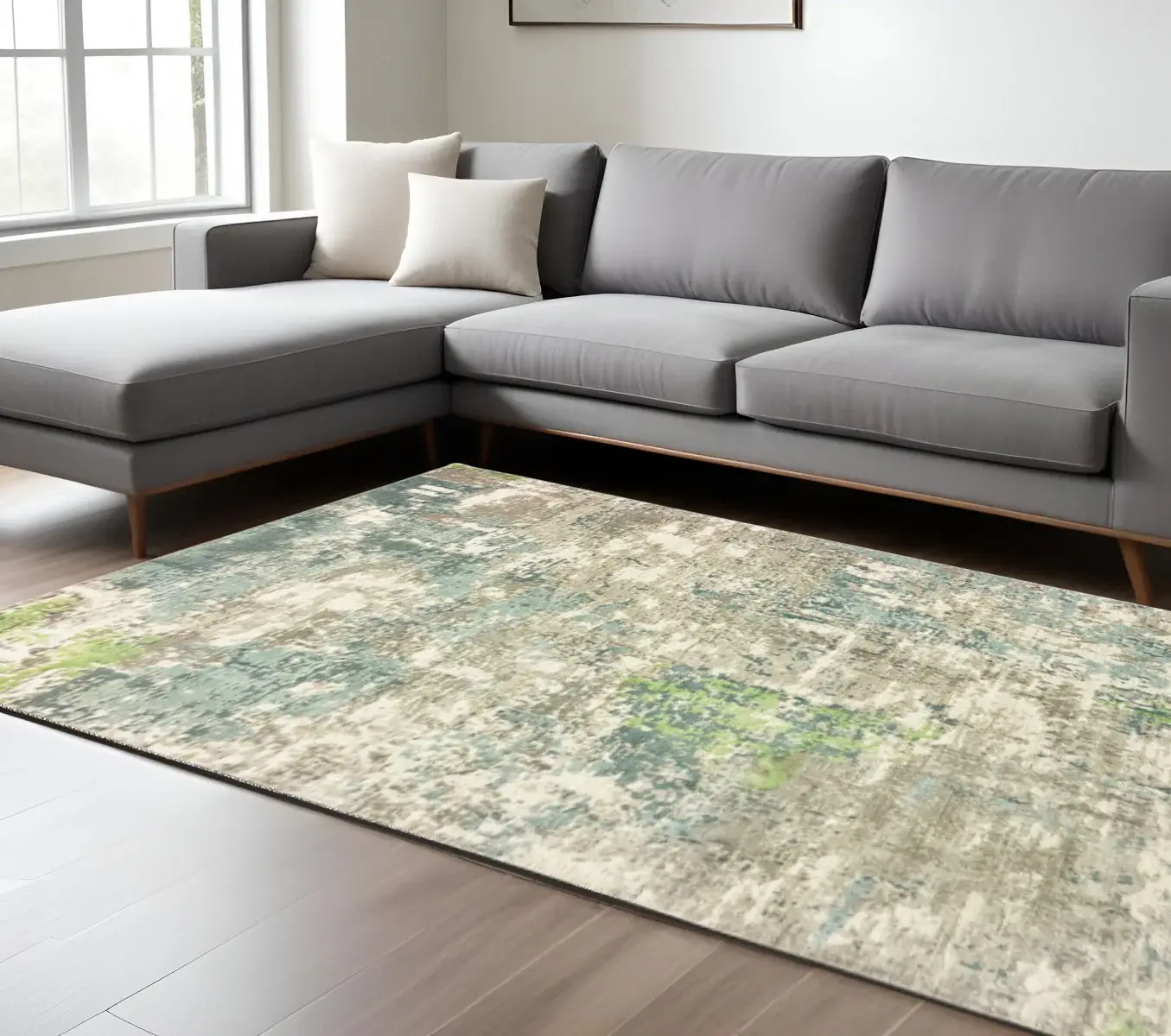 9' X 12' Blue And Green Abstract Hand Loomed Stain Resistant Area Rug