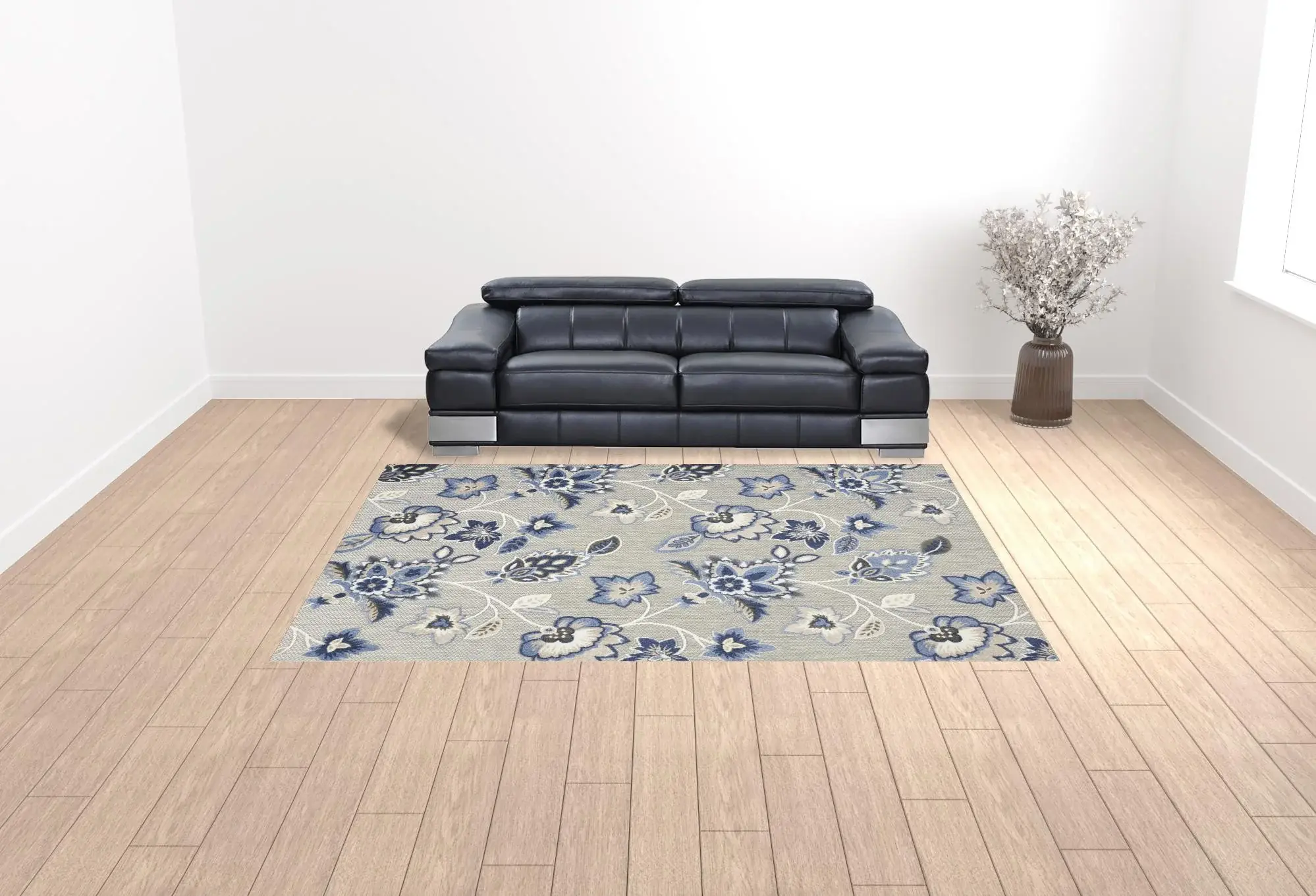 9' X 12' Blue And Grey Floral Stain Resistant Non Skid Area Rug - Image 2
